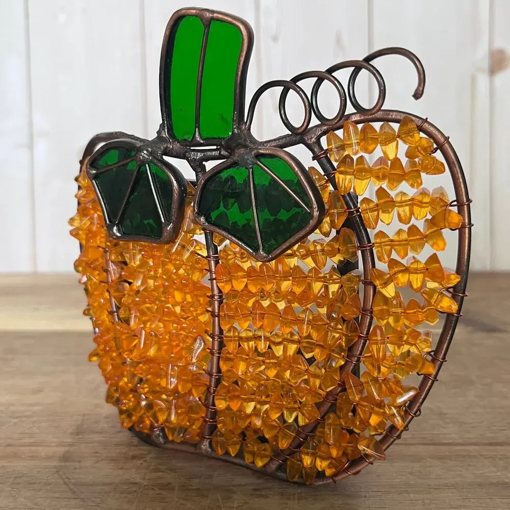 Stained Glass & Copper Beaded Wire Pumpkin Votive Holder Autumn Halloween Decor